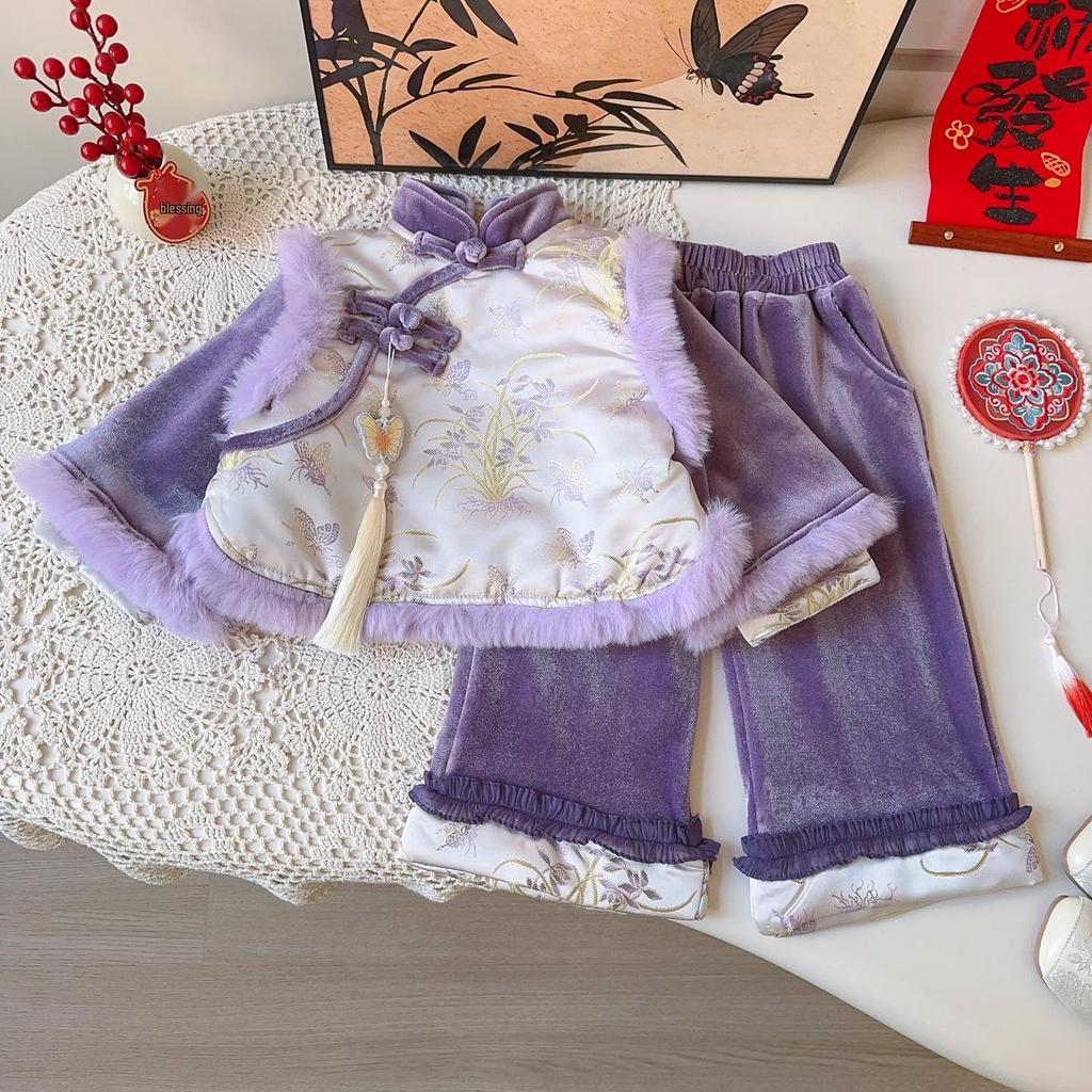 Girls’ Winter Chinese-Style Thickened Frog Button Outfit - Long Pants Two-Piece Set AWB122