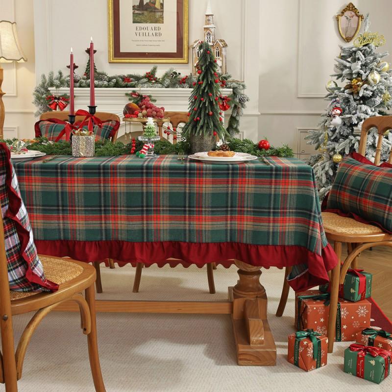 Christmas Tablecloth Woven Cotton Plaid Table Cover With Ruffled Trim Dining Decor