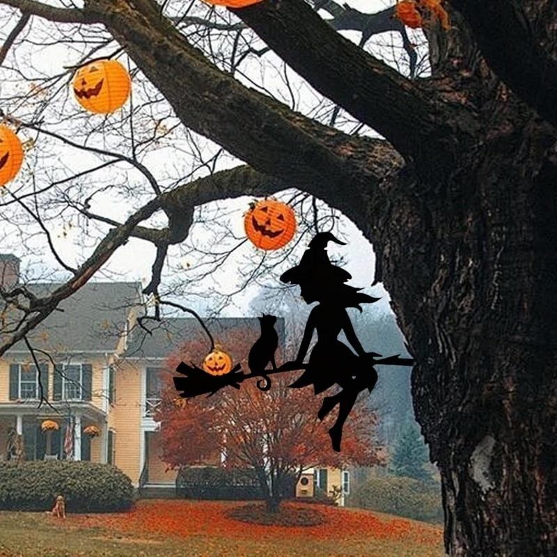 Halloween Black Cat Witch Broom Silhouette Garden Outdoor Stake Statue Decor