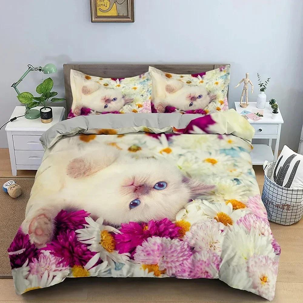 3D Animal Bedding Set Cute Cat Printed Duvet Cover Set Twin Double Full Queen King Size Comforter Cover With Pillowcase