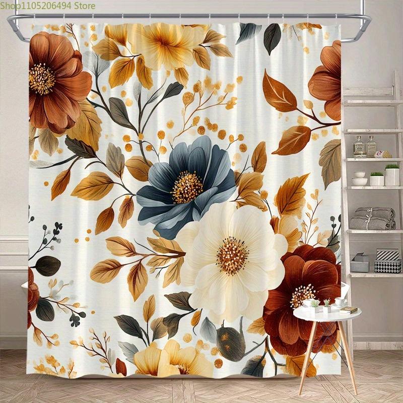 [Tenda da Doccia Floreale] 1pz Tenda da Doccia Floreale Autunnale e a Foglie - Fiori Rosso Intenso Giallo Senape, Foglie Marrone Arancio Verdi o