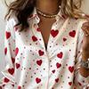 Women Shirt Silk Glossy Fabric Lapel Long Sleeve Heart Print Blouse Loose Fit Button Down Romantic Date Night Casual Party Tops