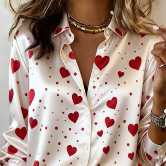 Women Shirt Silk Glossy Fabric Lapel Long Sleeve Heart Print Blouse Loose Fit Button Down Romantic Date Night Casual Party Tops