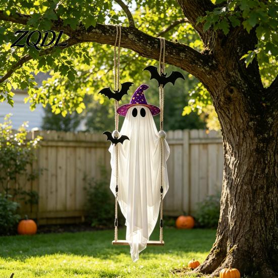 Decorative Polyester Ghost for Garden Halloween Swing Hanging Ornament with LED String Lights Outdoor Decor, Adjustable Horror Themed Lawn Ornaments