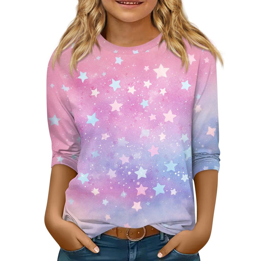 Bluzka dziecięca z rękawem 3/4, luźny t-shirt z nadrukiem i okrągłym dekoltem