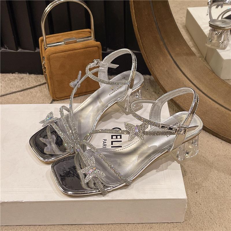 Rhinestone butterfly temperament sexy high heels 2025 women's new summer fashion one-word buckle stiletto sandals