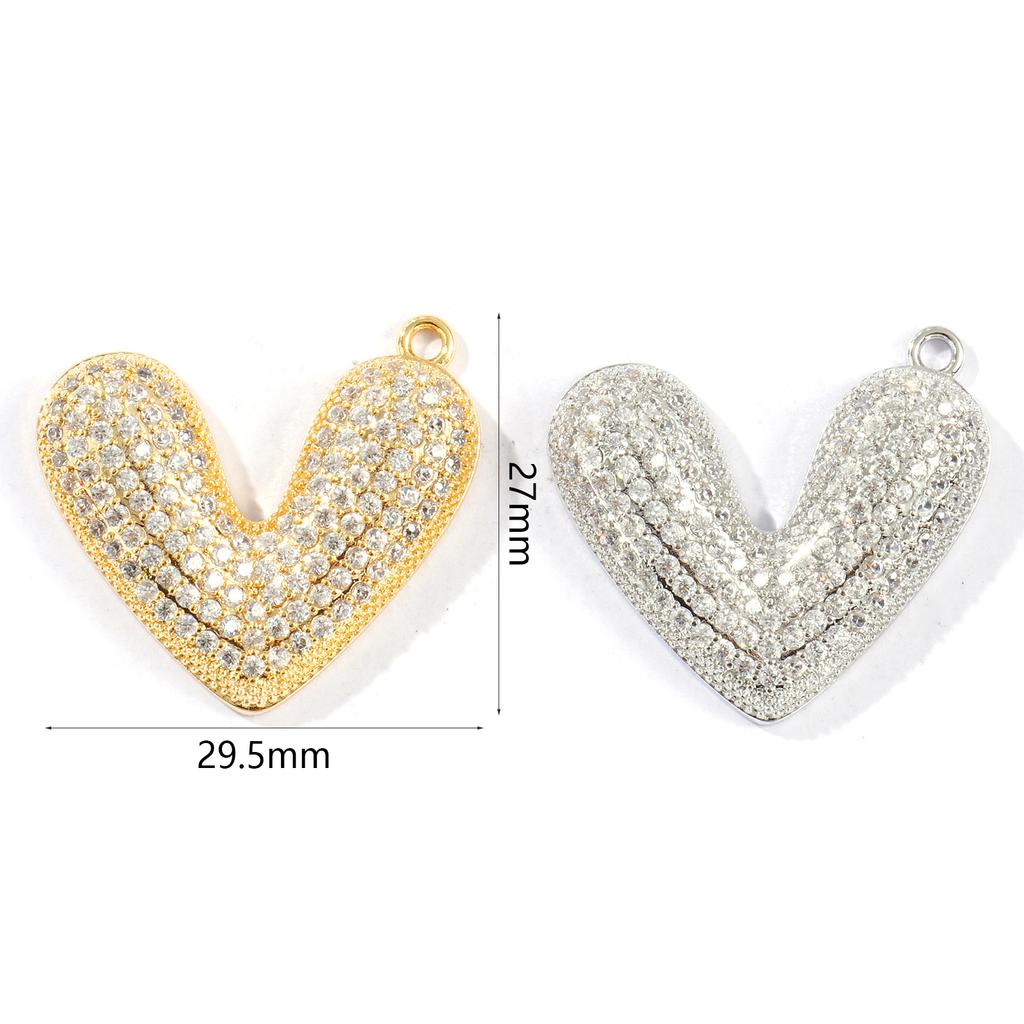 1 Piece Brass Valentine's Day Charms Gold Plated Heart Micro Pave Clear Cubic Zirconia Pendants For DIY Necklace 29.5mm X 27mm