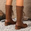 Women's Retro Embroidered Mid-Calf Western Boots, Chunky Heel Lace-Up Riding Boots, British Style Fall Winter Shoes