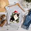 Festive Black Cat in Santa Hat Graphic Tee Christmas Tree Design Cartoon Print Tops Women Crew Neck Clothing