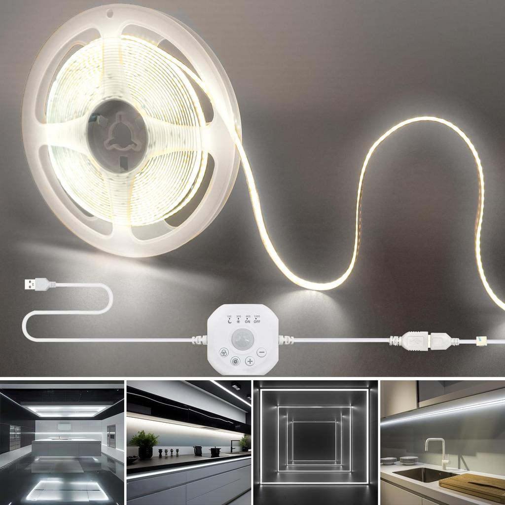 Clearhill Motion Sensor COB LED 5V USB Strip Daylight White Lighting 4 Timer Off 320 8mm for DIY Lighting in Supply Sold Light, 3M, 6500K, Day/Night