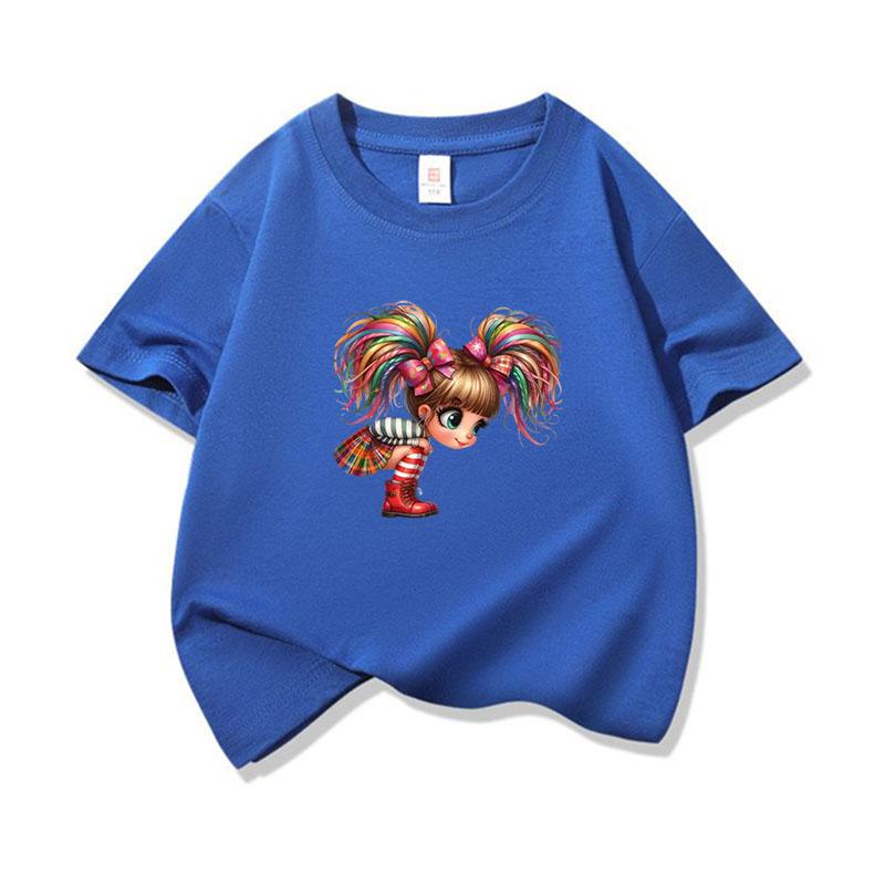 Kids Cotton T Shirt Rainbow Hair Girl Wear Plaid Skirt Print Crew Neck Short Sleeve Tee Casual Boys Girls Summer Tops