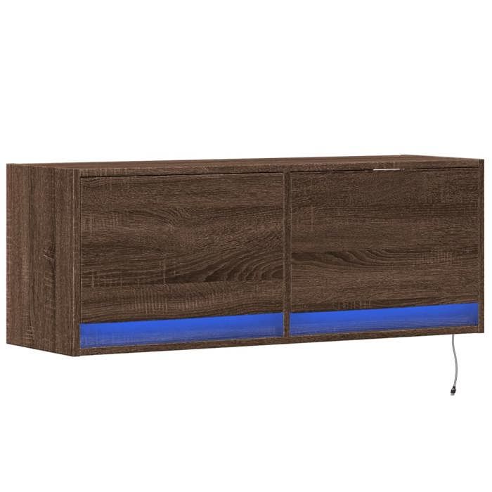 VidaXL Meuble TV mural avec lumières LED chêne marron 100x31x35 cm, meuble TV suspendu au mur, unité TV flottante, support 852368