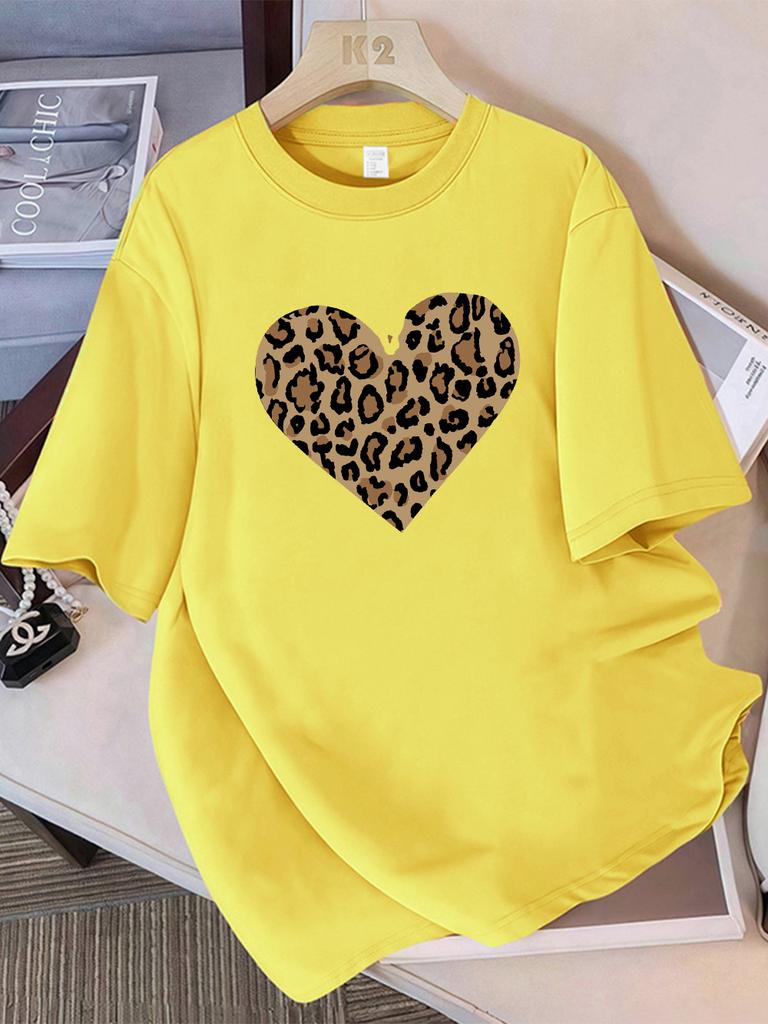 Summer Cotton TShirts Women Simple Leopard Print Heart Printing T Shirt ONeck Comfortable Loose Tops Street Womans Clothes