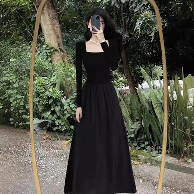 2025 Spring Women's Black French Tea Dress, Hepburn Style, Slim Fit, Square Collar Long Dress