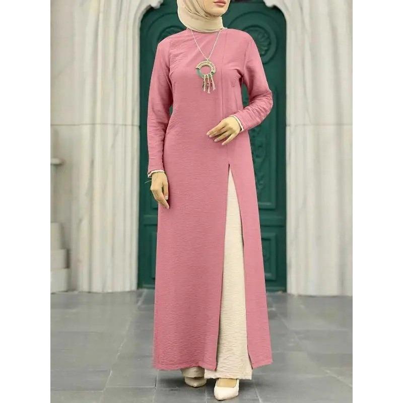 Muslim women's clothing ice silk wrinkled long sleeves high split hem dress solid color intellectual women's robe mid-east wind