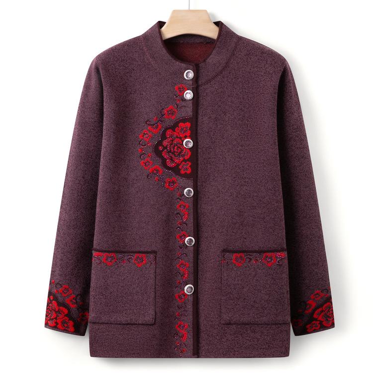 Grandma Clothing Autumn and Winter Knitted Sweater Round Neck Tang Clothing Jacket Women's Middle-aged and Elderly Mother Clothing