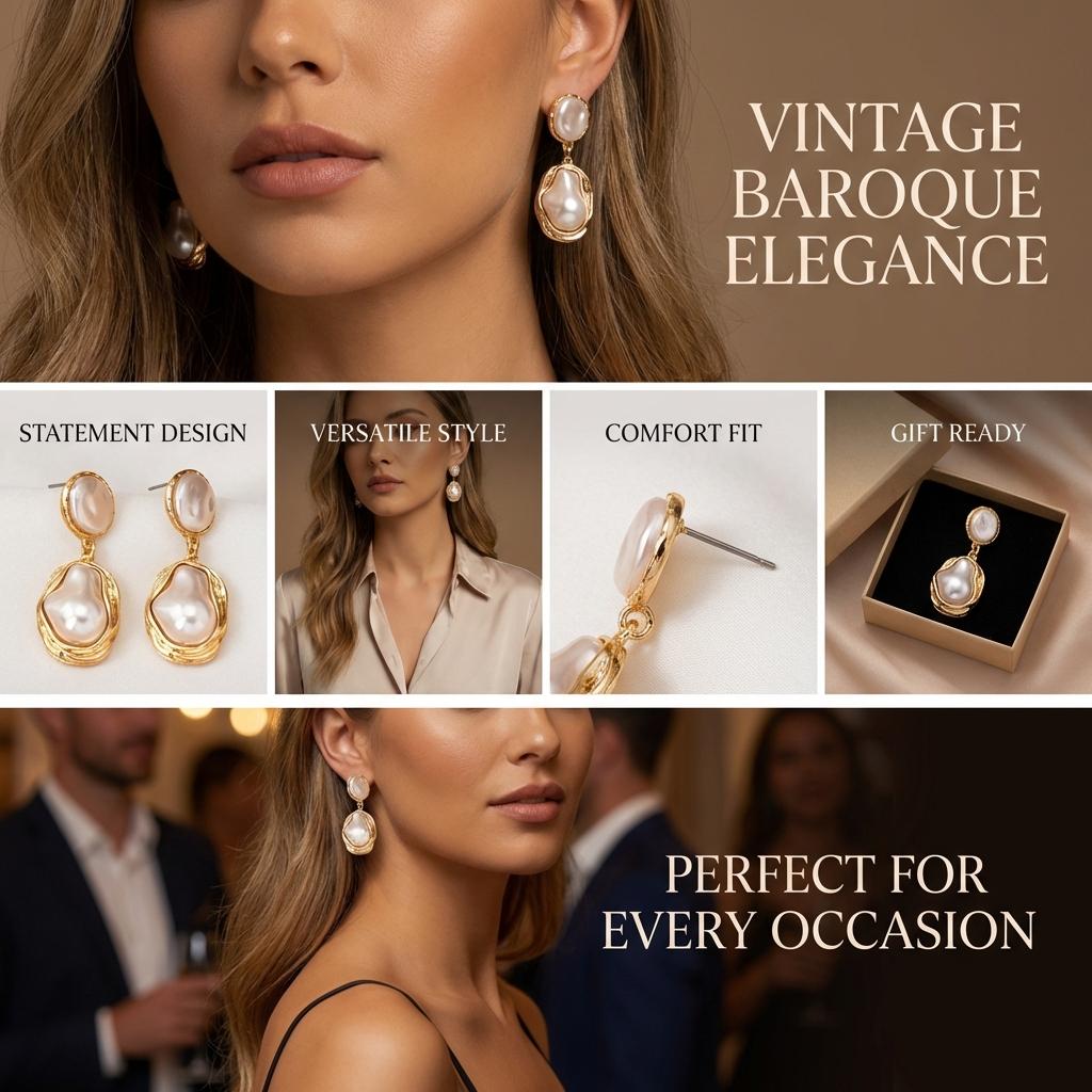 Vintage Baroque Imitation Pearl Drop Earrings for Women Gold Color Irregular Geometric Dangle Earrings Wedding Jewelry Gift
