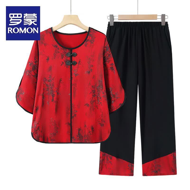 ROMON Elderly Women s Summer Round Neck T-Shirt Set 3XL