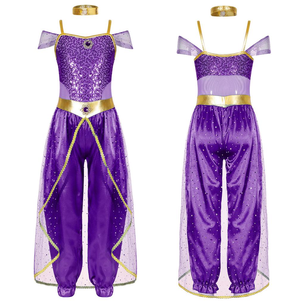Kız Çocuk Arap Prenses Payetli Tulum Kostümü Cadılar Bayramı Karnaval Partisi Rol Yapma Giydirme