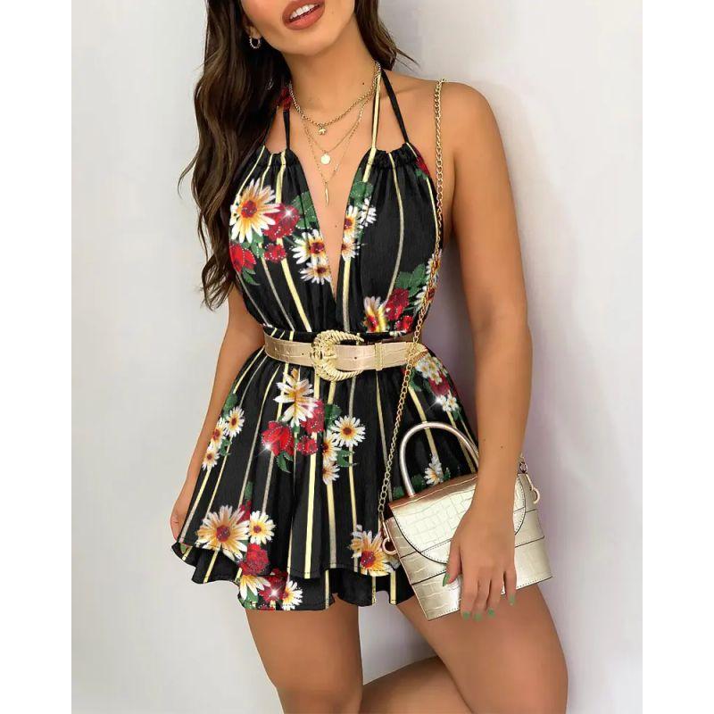 

European and American Fashion Hanging Neck Straps Backless V-neck One-Piece Shorts Women V-neck Jumpsuit Shorts Black S