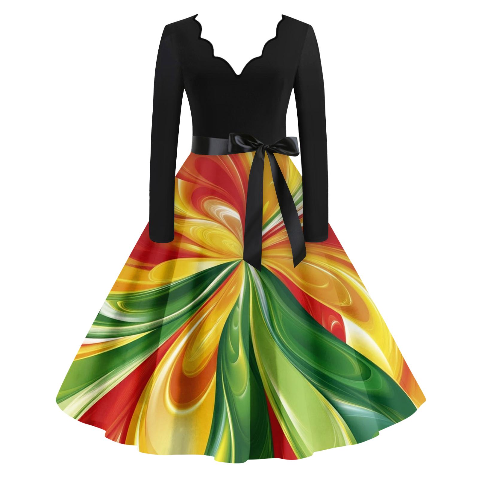 

Женское повседневное модное платье с V-образным вырезом и длинным рукавом с принтом в винтажном стиле XL