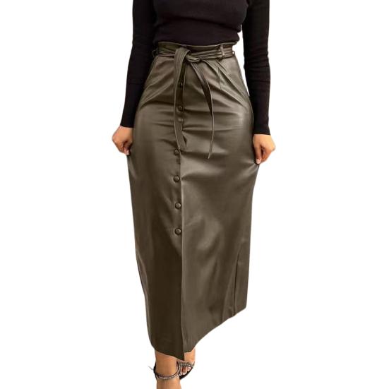 

Жіноча спідниця зі штучної шкіри з високою талією, зі спідницею-олівцем, що облягає стегна, з розрізом спереду, із застібкою на ґудзики та поясом, для роботи, вулична спідниця S темно-коричневого кольору