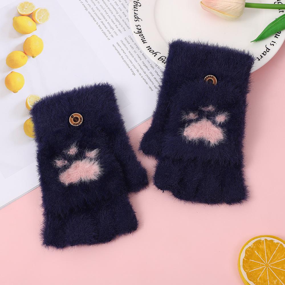 

Korean Cartoon Fashion Cat Scratch Flip Gloves for Women Thick Velvet Warm Gloves Daily Office Student Writing Finger Gloves темно-синий