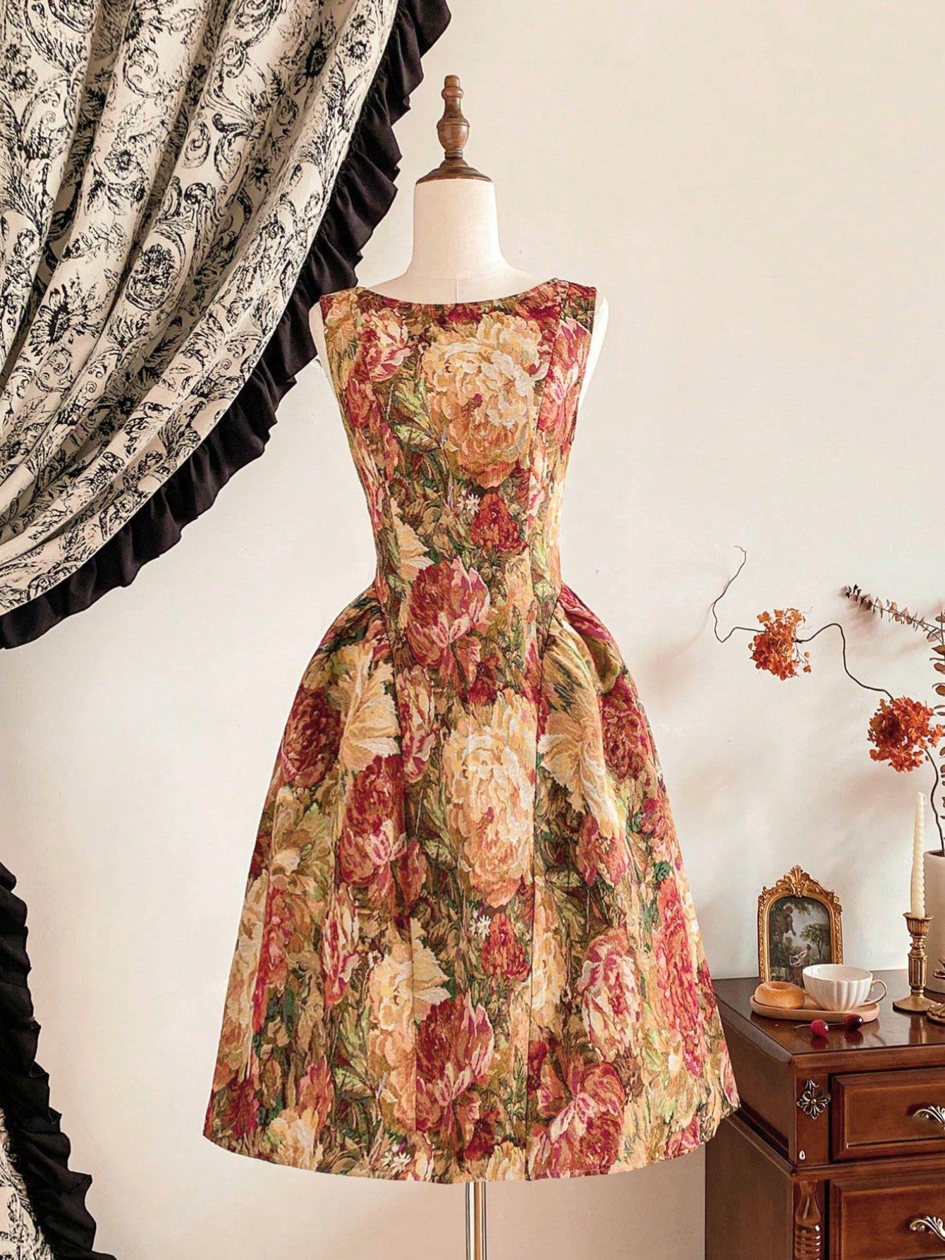 Women s French Retro Floral Sleeveless Midi Dress with Waist-Cinching Slim Design Large красный