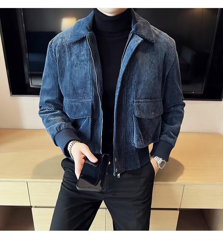 Autumn Korean Trendy Men's Corduroy Jacket - Solid Color, Warm, Cool Zipper Design