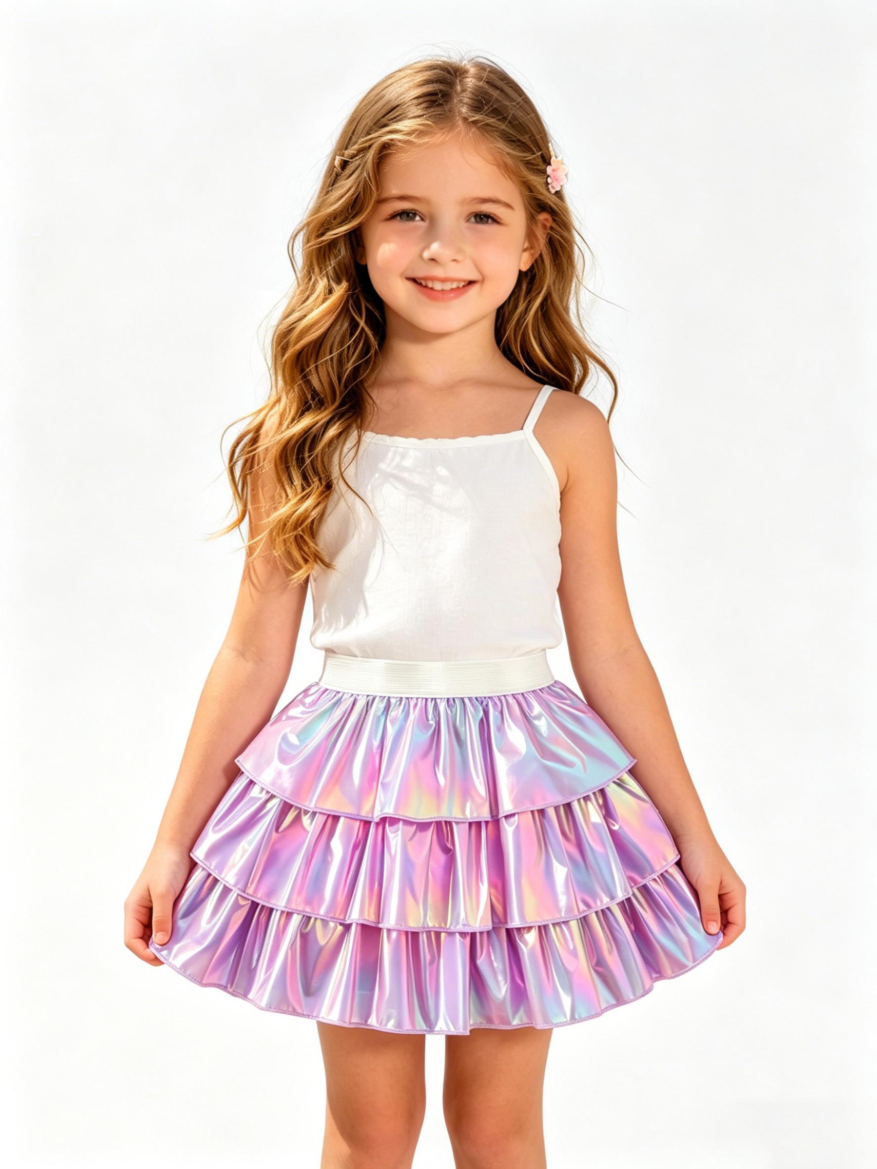 Girls 110-150cm Holographic Tiered Tutu Skirt, Kids Shiny Ruffle Flared Skirt for Party & Daily 110 лиловый