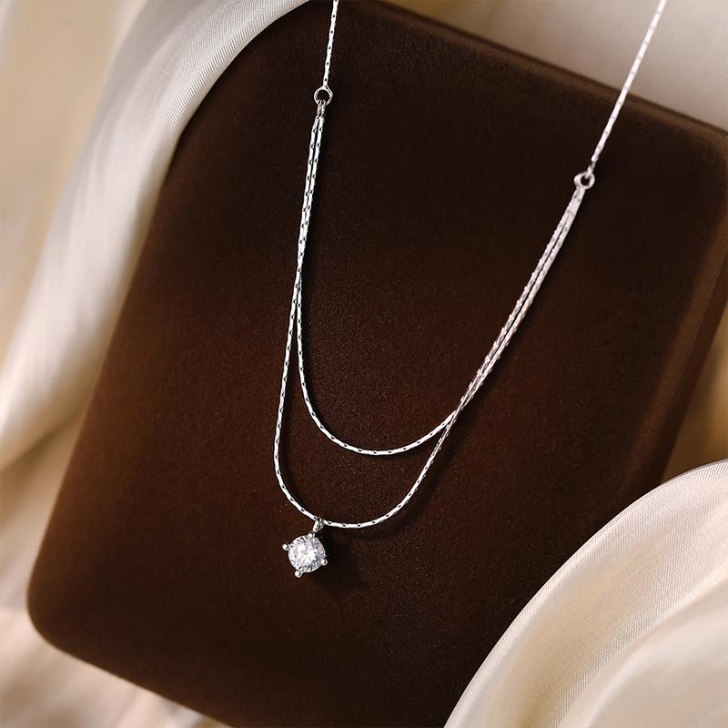 925 Silver Zircon Pendant Necklace For Women Elegant Four Claw Double Layered Collarbone Chain Jewelry 45cm