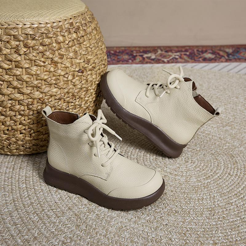 First-layer cowhide single leather Martin boots women's soft-soled soft-faced British retro casual shoes lace-up large-size short boots