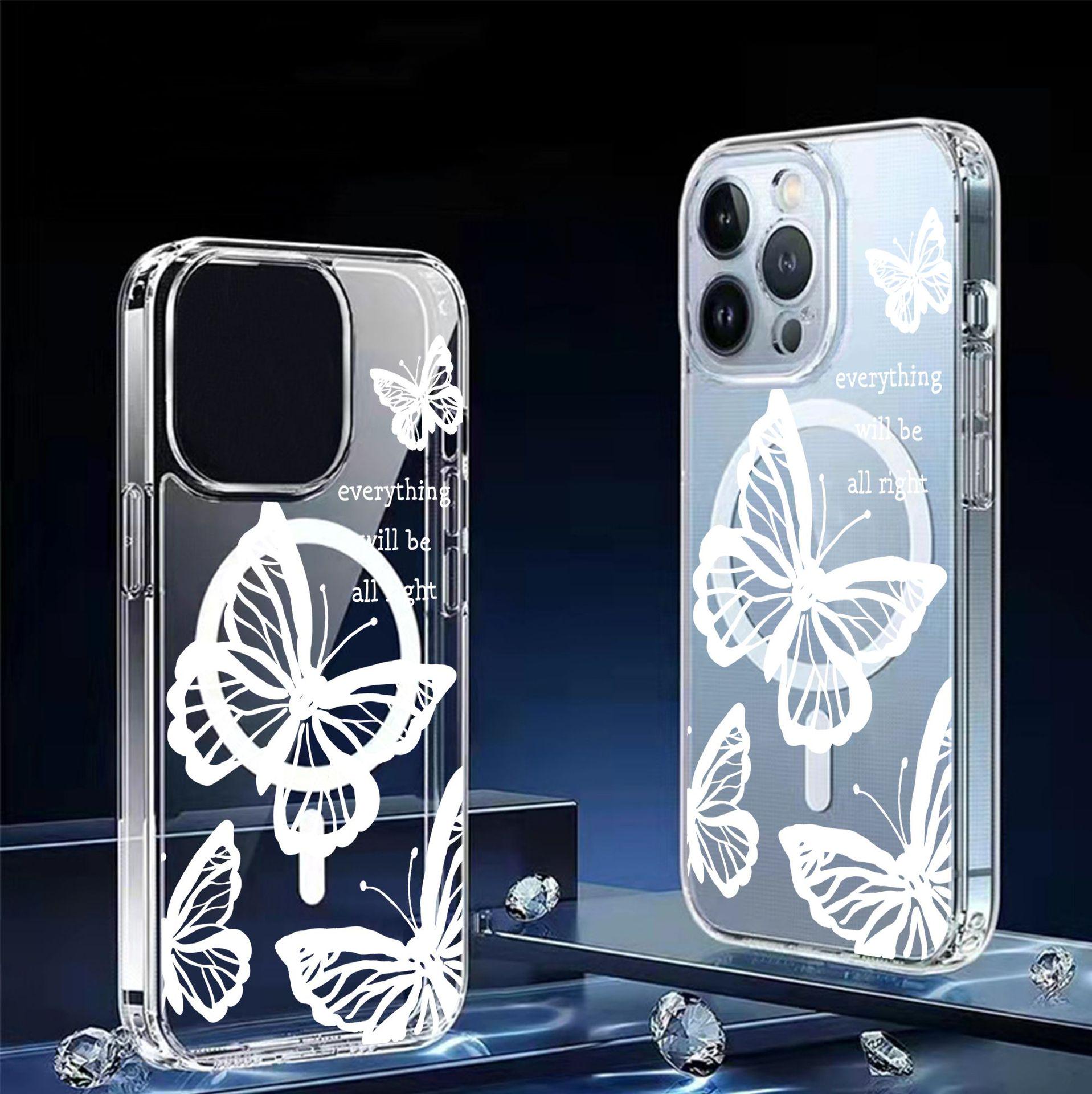 White Butterfly Magnetic Case for iPhone 15/16/17 Pro Max - Transparent Full Coverage Protection iPhone 16 прозрачный