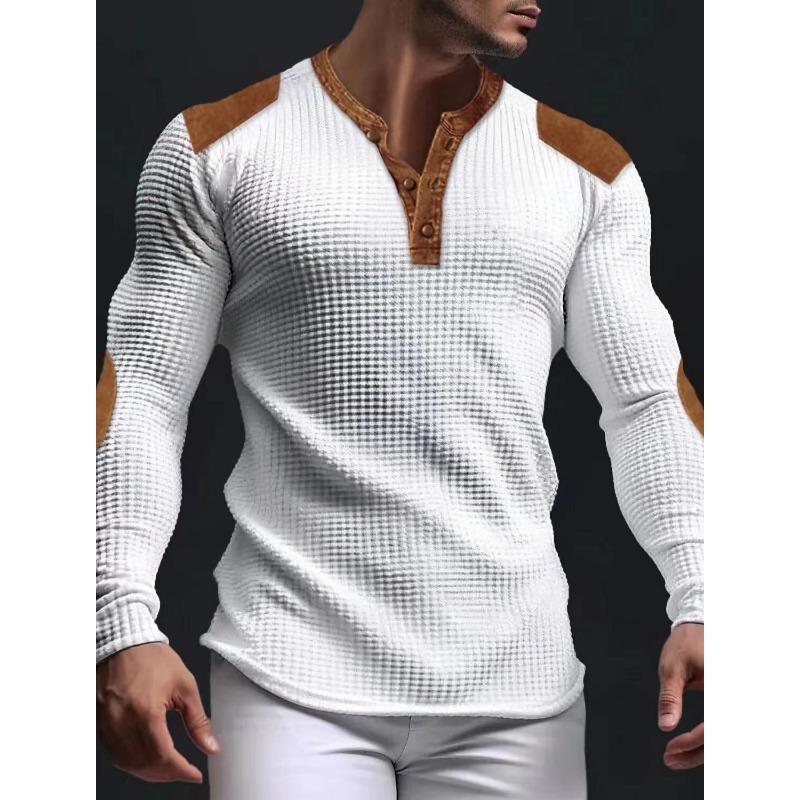 Breathable Men's Casual Spring And Autumn V-neck Mesh Solid Color Slim Fit Long Sleeved Top With Trendy Buttons
