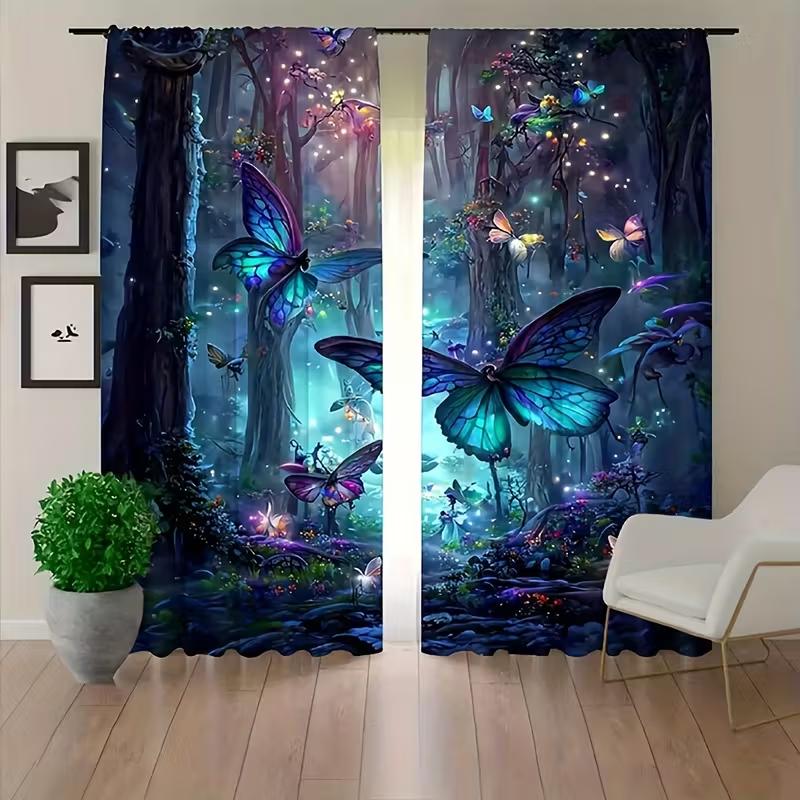 Vikama Blue Butterfly Forest Curtains Natural Semi Sheer Living Room Bedroom Decor Light Filtering Made Of Polyester With Rod Pocket