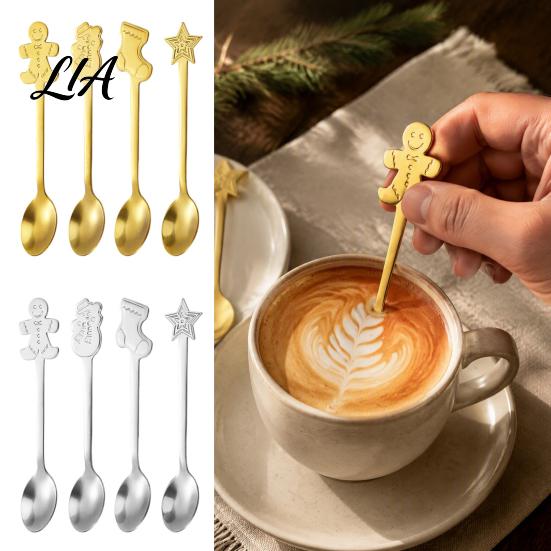 Home Afternoon Tea Accessories 4Pcs Christmas Stainless Steel Spoons Set, Gingerbread Man Tree Coffee Flatware Set Stirring Teaspoons, Dessert