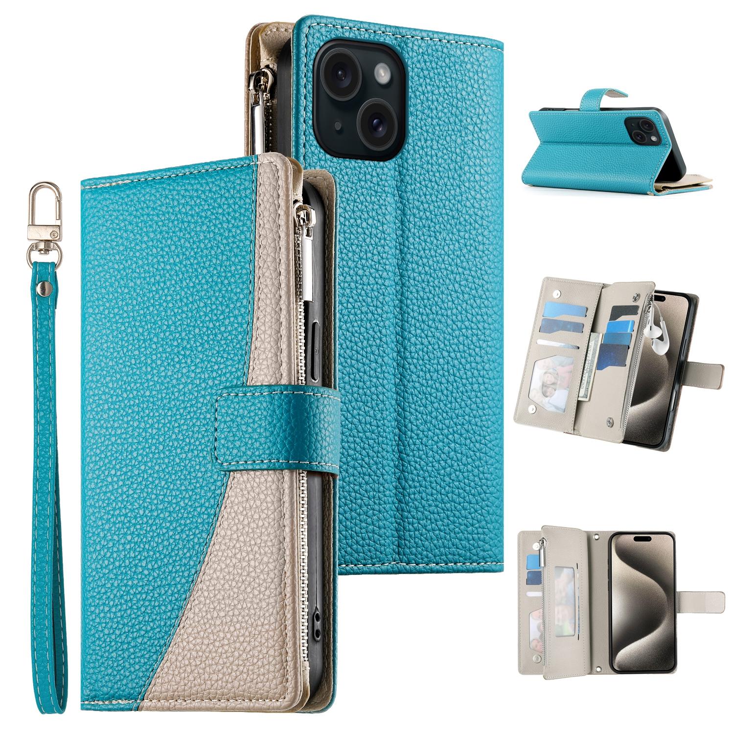 

For iPhone 15 Case Zipper Pocket Wallet Color Splicing Leather Flip Phone Cover with Straps Lake Blue