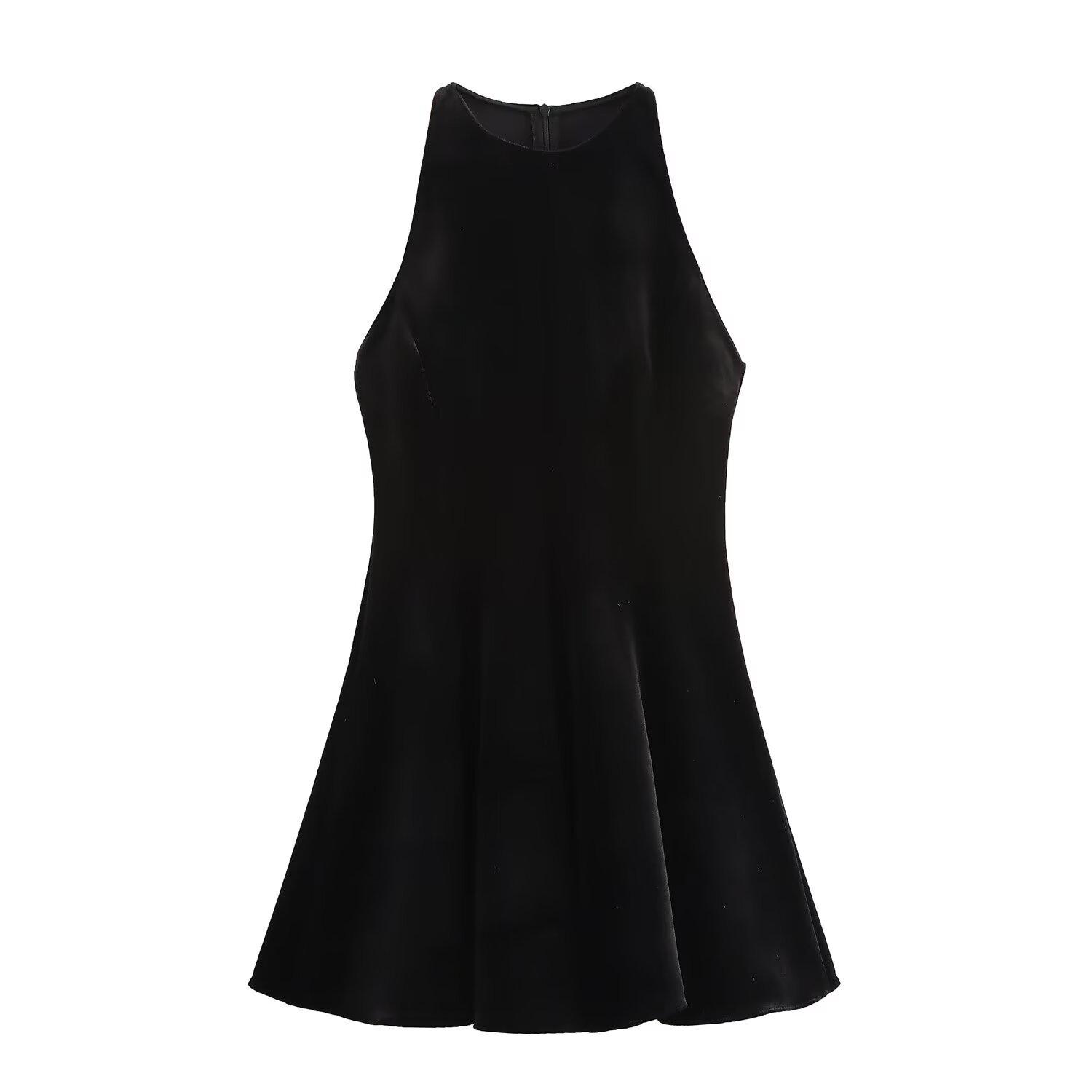 

Ретро Элегантное Бархатное А-силуэт Маленькое Черное Платье - Без рукавов, Приталенное с круглым вырезом и завышенной талией. M чёрный