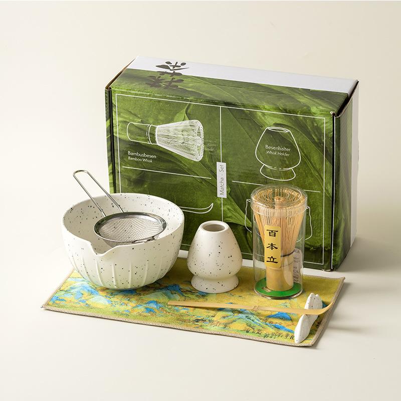 Zestaw Japońskiej Matchy 4/7 Szt. z Wypukłą Ceramiczną Miseczką, Bambusową Ubijaczką Matcha i Łyżeczką do Herbaty do Samodzielnego Robienia Herbaty, Akcesoria
