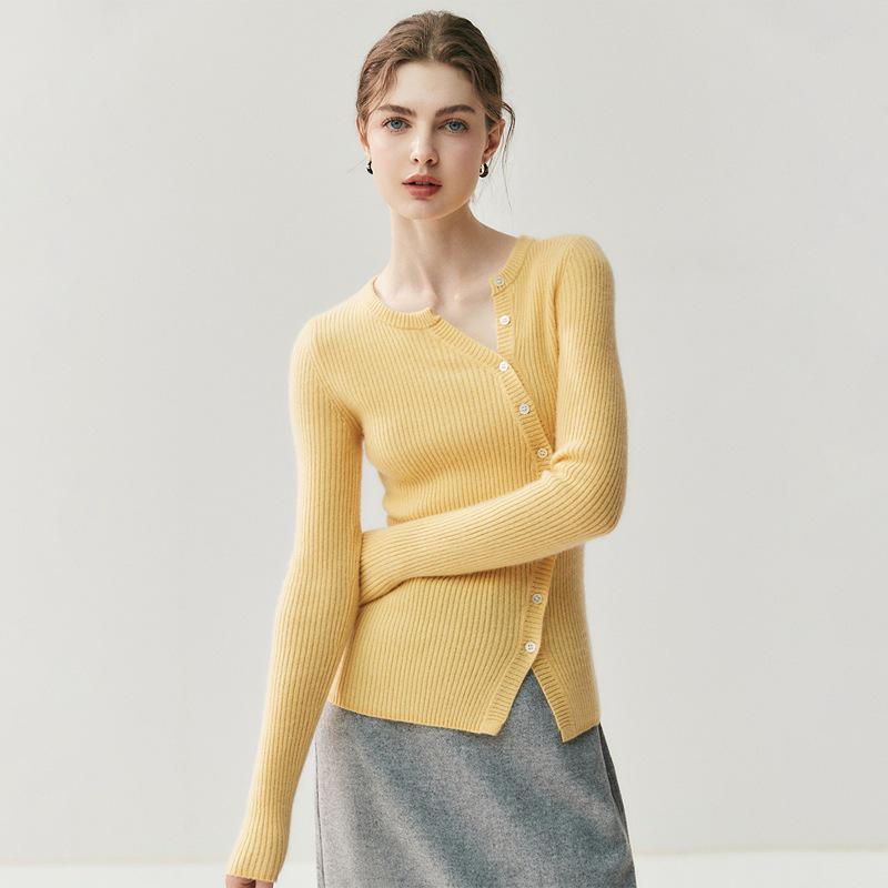 Women's Autumn Cashmere Cardigan: Slim Fit, Round Neck, Ribbed Buttons, Versatile Knit Base Layer Sweater.