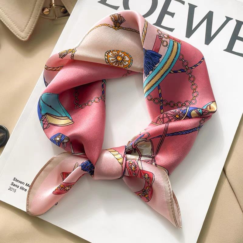 Dámský béžový hedvábný šátek - 53 cm Korejský styl Tištěný čtverec, 100% morušové hedvábí na jaro/léto