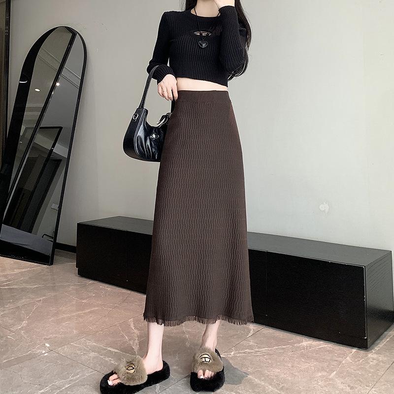 Stretch Fringe Knit Skirt Women Autumn Winter Midi Straight Bodycon High Waist A-Line Skirt