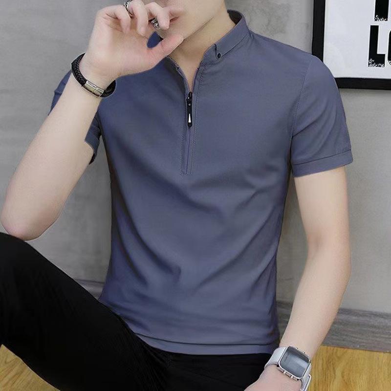 Summer Polo Shirt Half Zipper All-match Stand-up Collar Men Solid Color Large Size Comfortable Casual Undershirt Trend T-shirt