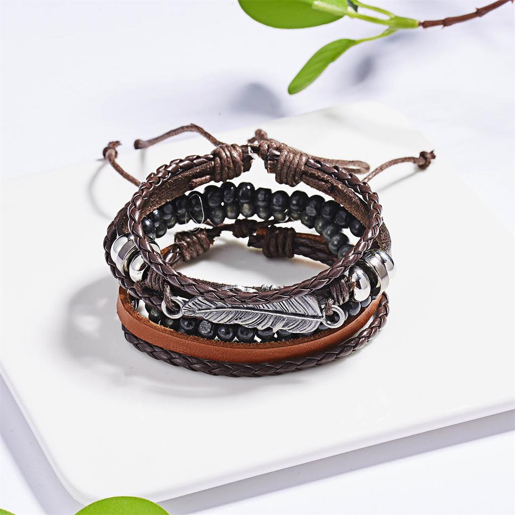 Vintage Multi-layer Feather Star Leather Bracelets For Men Hand-knitted Leaves Rope Wrap Wristband Bracelet Ethnic Party Jewelry