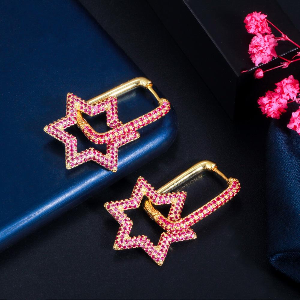 Hexagonale Geometrische Verschluss Damenohrringe Kreativer Stern Leicht Eingelegter Farbiger Zirkon Beliebter Ohrschmuck