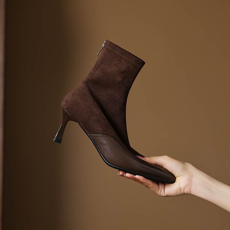 Krazing Pot Flock Pointed Toe Thin High Heels Modern Boots Size 42 Zip Patch Work Women Elastic Ankle Boots