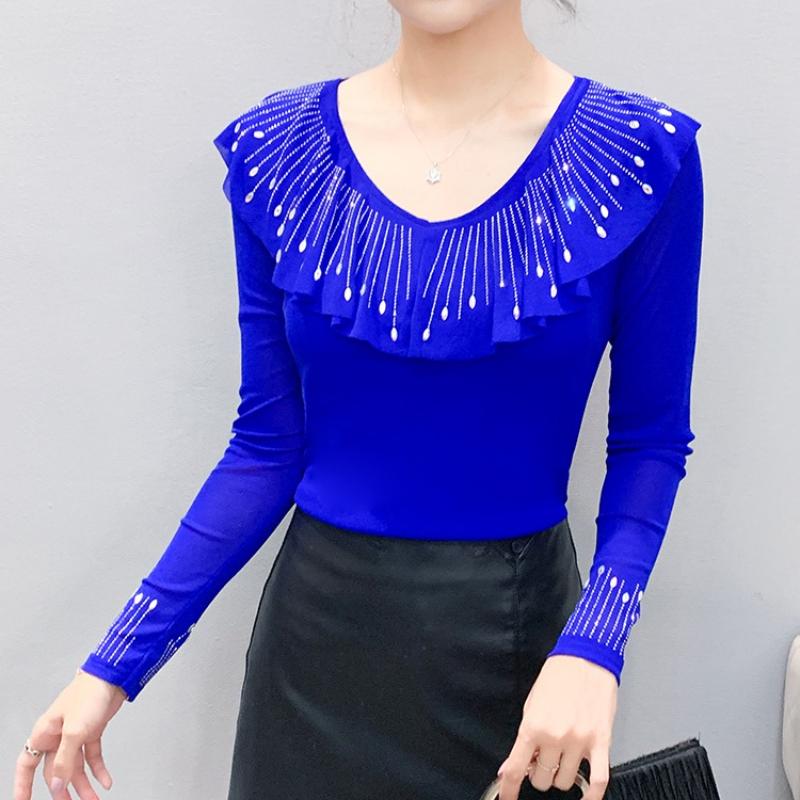 Spring Autumn Women's Ruffles Hotfix Rhinestone T-Shirt Elegant Full Sleeve Tees Slim Ladies Tops