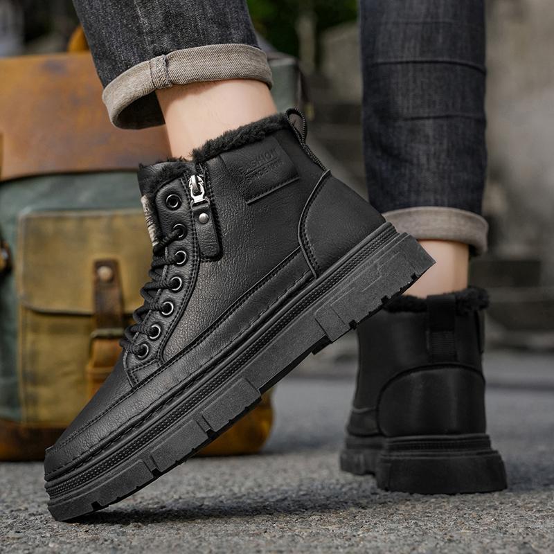 Luxury Brand Men's Ankle Boots Leather Mens Bussiness Cotton Boots Winter Warm Snow Boots with Fur Non-slip High Top Work Shoes