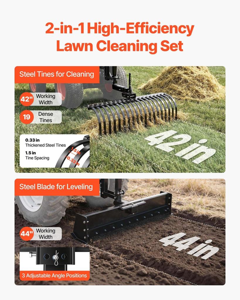 106.7cm Tow Behind Landscape Rake, 3-Point Lawn Rock Rake with Blade & Lift Lever, Fit Category 1 ATVs UTVs Lawn Tractors, Heavy Duty Dethatcher Rake