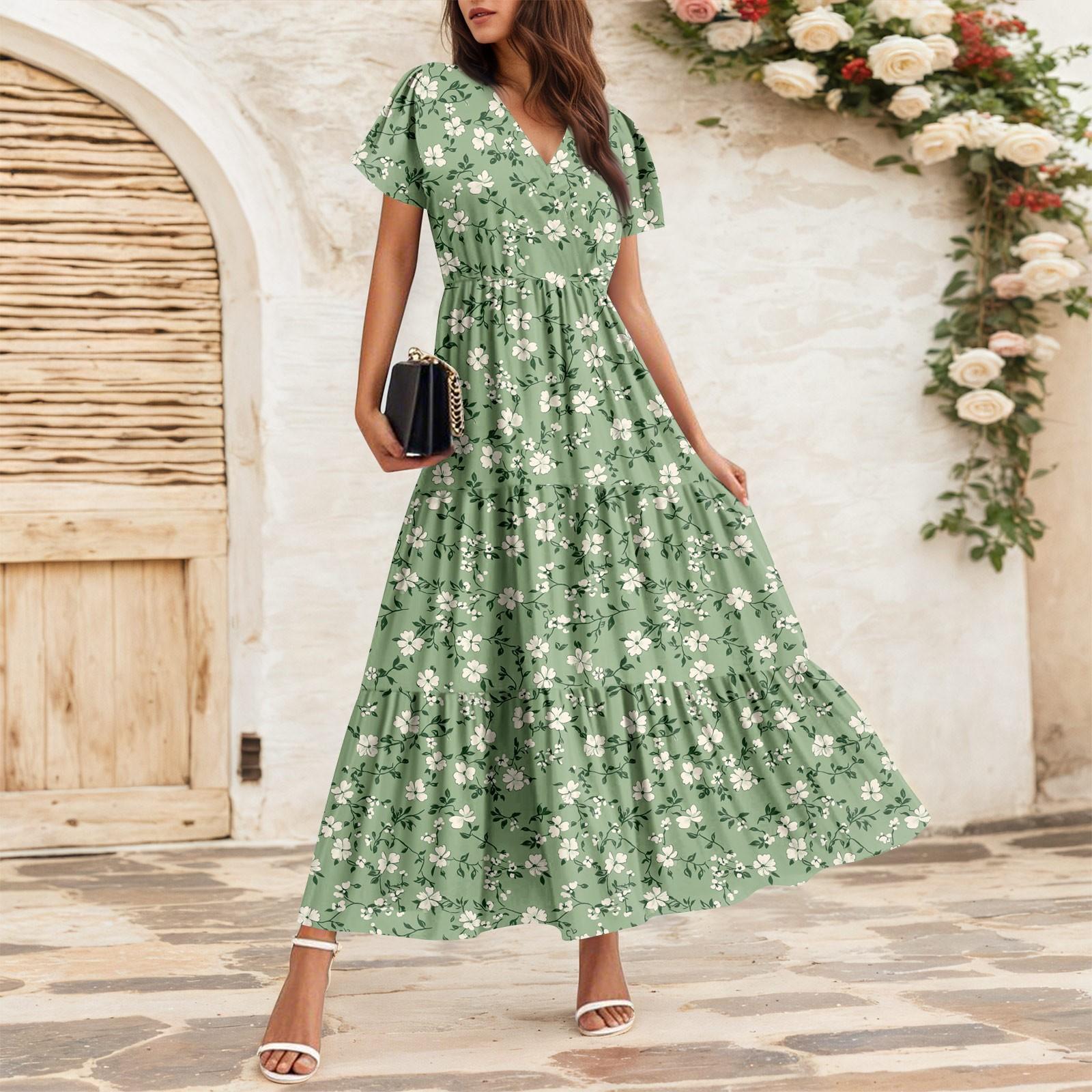 

Женские струящиеся платья Женские летние платья Повседневные платья макси с коротким рукавом Официальные платья макси XXL зелёный